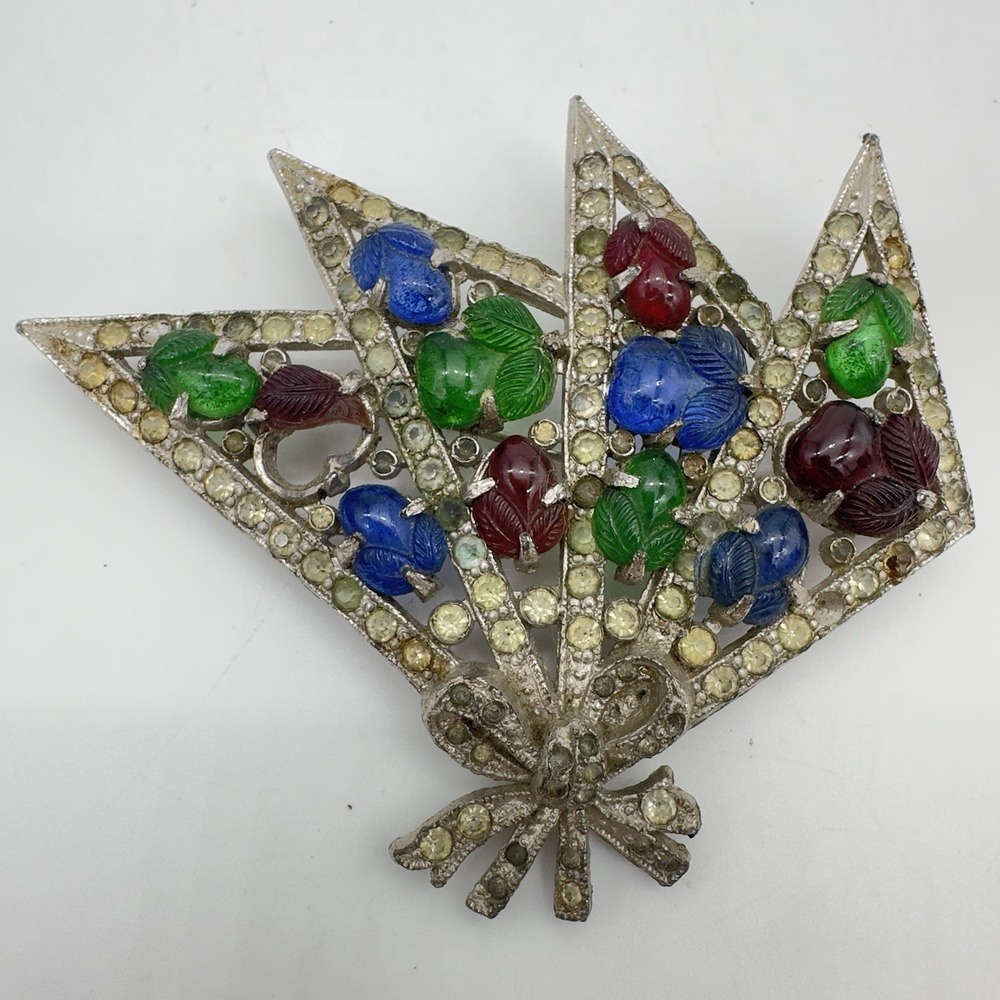 Vtg Art Deco Fan Fruit Salad‎ Brooch Pin Carved Gem Stones Read